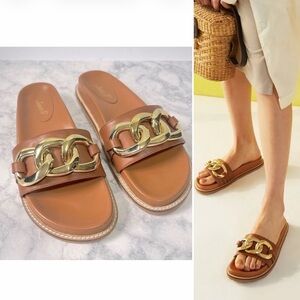 NWOB Saint G KIERA CUOIO GOLD CHAIN-LINK TRIM
SLIDES BROWN COGNAC LEATHER SANDAL